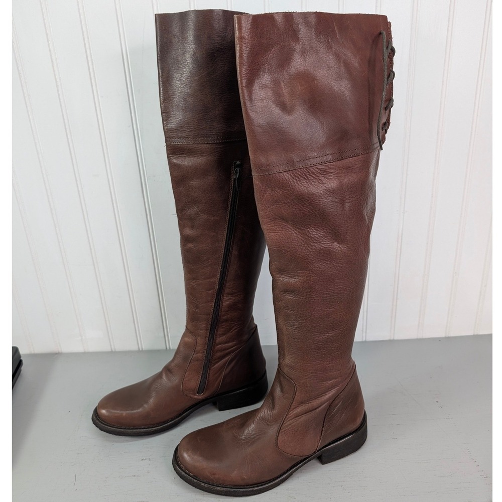 Steve Madden Omegaa Knee High Leather Boots Womens Sz 8 Brown Lace Up Back Boho